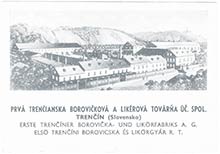 Reklamná pohľadnica Prvej trenčianskej borovičkovej a likérovej továrne