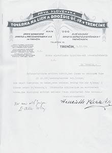 Dokument Prvej slovenskej továrne na droždie a lieh z r. 1926