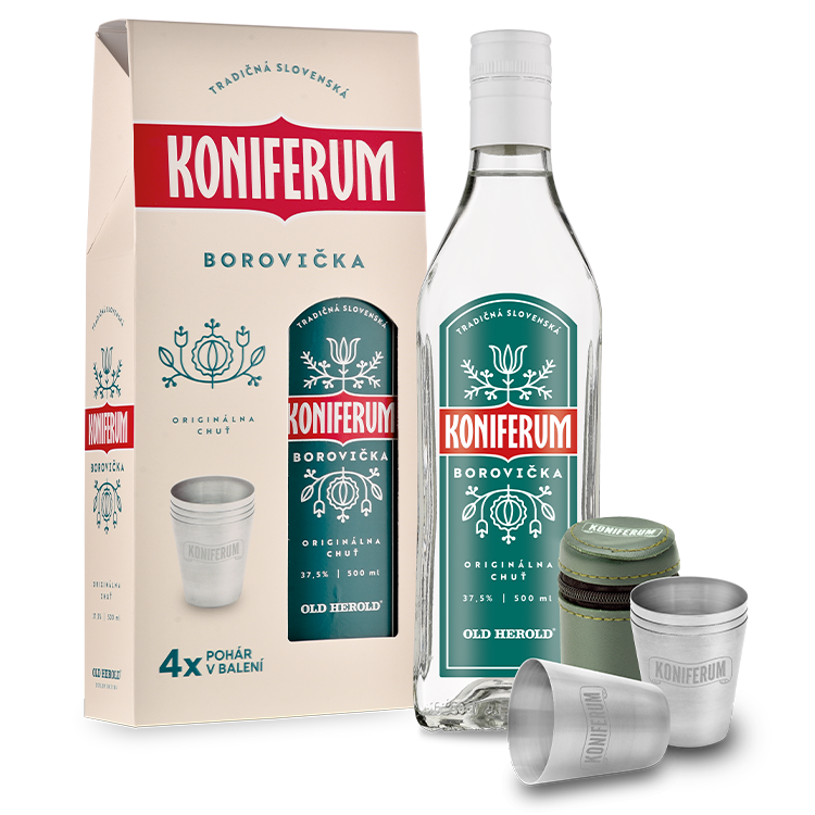 Koniferum borovička s nerezovými pohárikmi v cestovnom obale